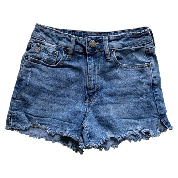 Just USA Medium Wash Denim Mid-Rise Cut-Off Jean Shorts Frayed Zip Fly Size XS - Picture 1 of 3
